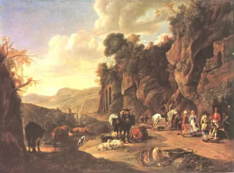 Karel Dujardin, Italienskt landskap med vilande och dansande bönder framför en krog