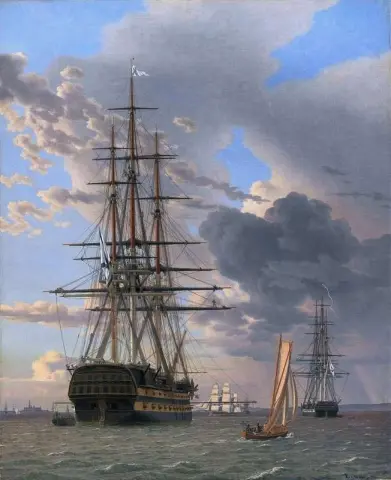 El barco ruso de línea Asow y una fragata anclada cerca de Elsinore 1828