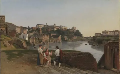 Vista del Tíber hacia el monte Aventino en Roma Ca. 1815