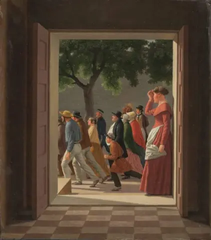 Ver a través de una puerta a figuras en ejecución 1845