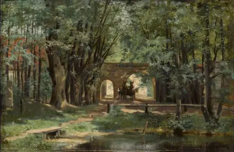 Uma paisagem arborizada com uma carroça e motorista perto de um portão