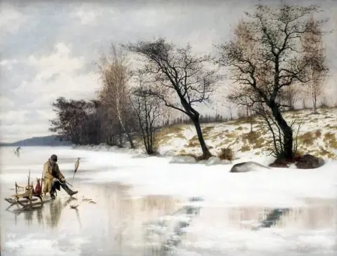 Scene invernali con pescatori di ghiaccio