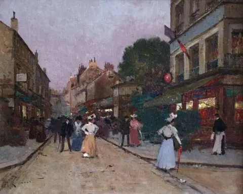 Elegante Figuren an einem Straßenabend um 1920