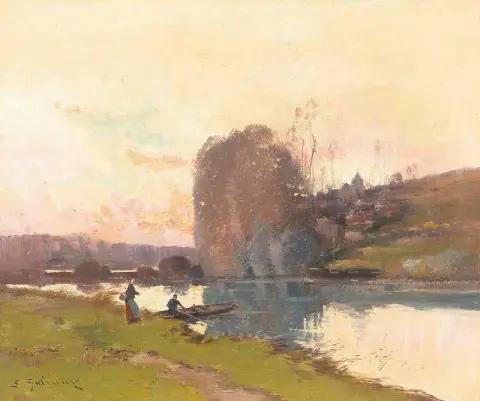 Flussufer bei Sonnenuntergang mit dekorativen Figuren