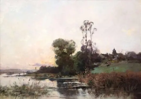 Sonnenuntergang am Fluss um 1900