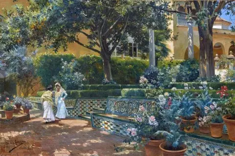 Женщины, вероятно, гуляют по садам Алькасара в Севилье, 1906 год.