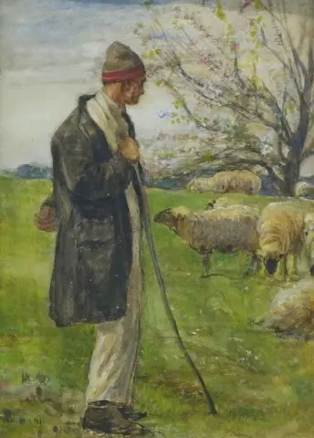 Hirte und Schafe in einer Landschaft mit Blüte