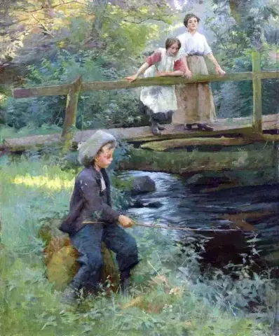 Pesca lungo un ruscello nel bosco 1906
