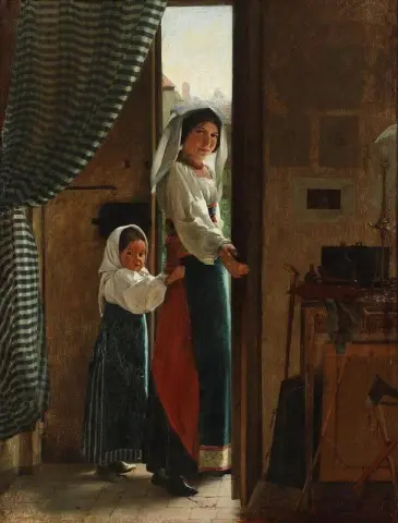 En italiensk kvinna och hennes barn står i dörröppningen till konstnärens studio 1851-53