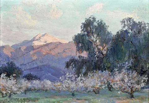Resplandor vespertino Monte San Jacinto con almendros en flor 1916