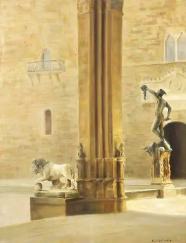 Näkymä Firenzen Piazza Signorialta Cellini S Perseuksen kanssa Firenzen Loggia Dei Lanzille
