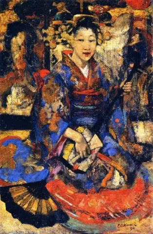 Un jugador de Shamisen sentado