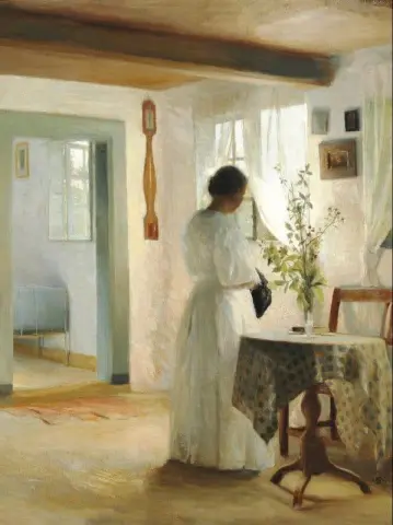 Interior con una mujer vestida de blanco junto a la ventana, probablemente de Liselund 1896