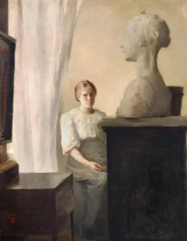 Interior con la esposa del artista, Ingeborg, que está dibujando un busto.