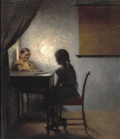 Interior con dos niñas sentadas a una mesa 1904