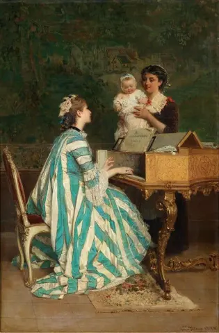 Nuori äiti soittamassa hapsikordia 1876