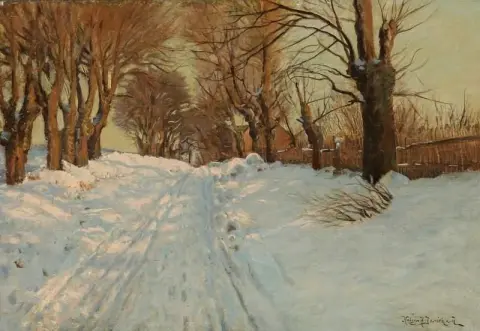 Un paisaje invernal con el sol brillando a través de árboles desnudos