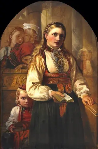 Interior de la iglesia con niñas vestidas con trajes nacionales tradicionales noruegos hacia 1854