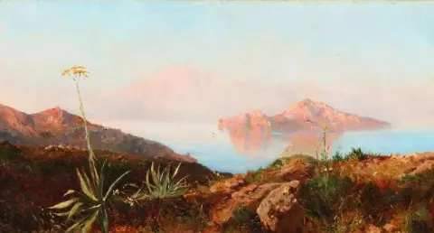 Escena costera italiana con un agave en flor