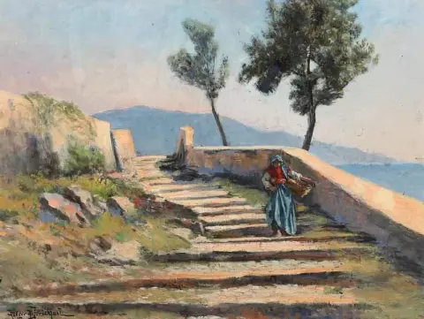 Paisaje de capri con una mujer