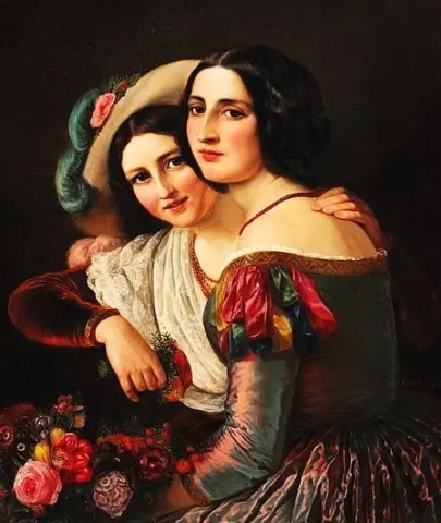 Dos jóvenes italianas vestidas con trajes coloridos para el carnaval de 1850