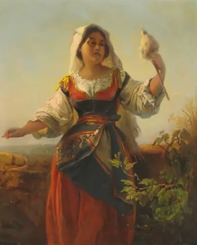 Mujer joven de Cerdeña vestida con su traje tradicional 1880