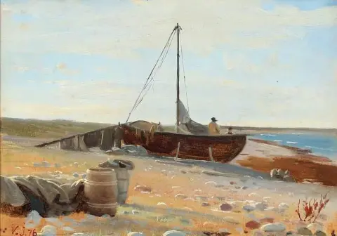 View Of A Coast With Fishermen And A Boat Drawn Up On The Shore 1876
