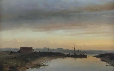 A River Landscape At Dusk 1845
