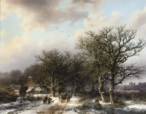 Жители деревни на лесной тропе возле заснеженной деревни 1855 г.