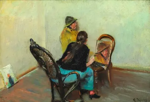 画家的妻子 Oda Krohg 正在画 Skagen 的渔夫 1888
