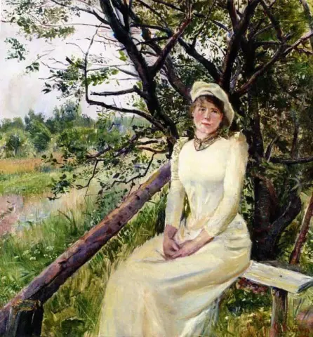 长凳上的年轻女子，约 1890 年