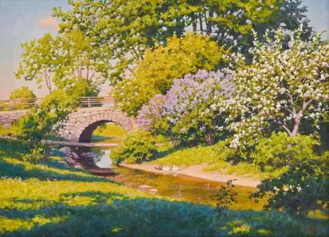 Blommande Fruktträd Och Syrener Vid Floden