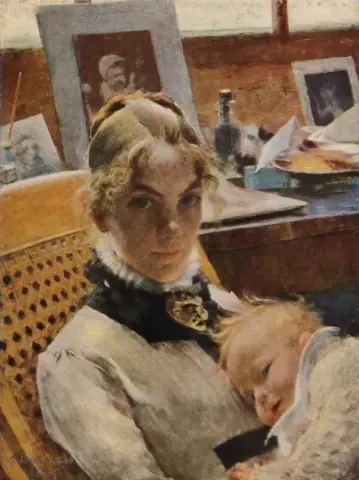 På Studio Idyll. Konstnärens fru med dottern Suzanne