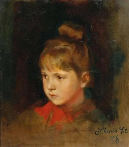En blond flicka med röd rosett 1898