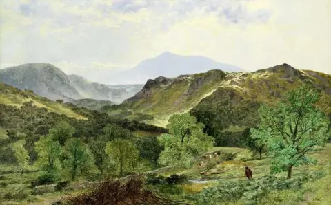 Nautakarjan ajaminen laakson läpi Capel Curig Moel Siabod etäisyydellä 1871