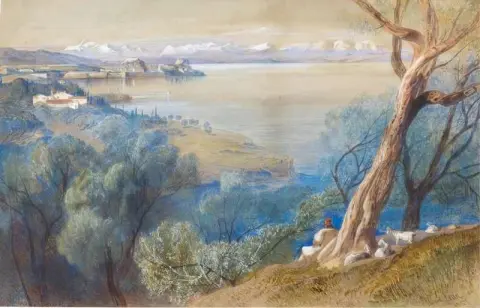 Vista in lontananza la cittadella dal villaggio di Ascensione Corfù 1857