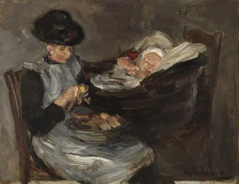 Madchen Aus Laren Beim Kartoffelschalen Neben Schlafendem Kind Im Korb Ca. 1887