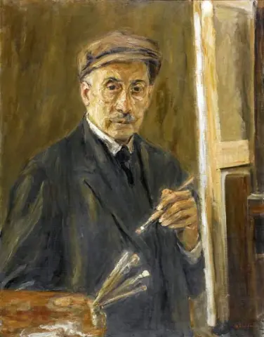 Selbstporträt im Mantel mit Pinsel und Palette
