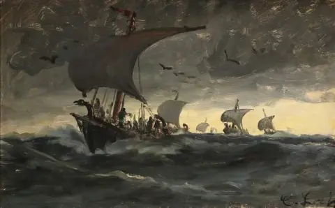 A Fleet Of Viking Ships At Sea