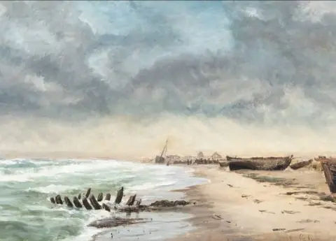 Coastal Scene With Boats Pulled Ashore In The Foreground A Shipwreck 1875