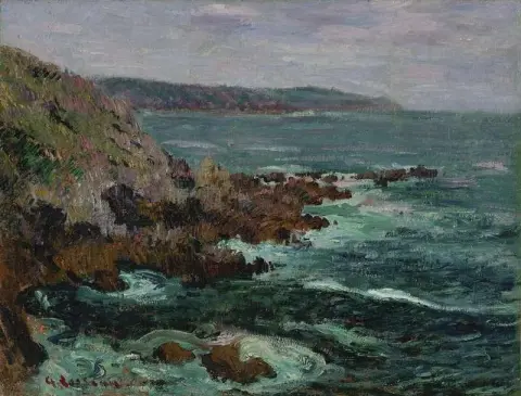 Klippor med utsikt över havet i Bretagne ca 1906