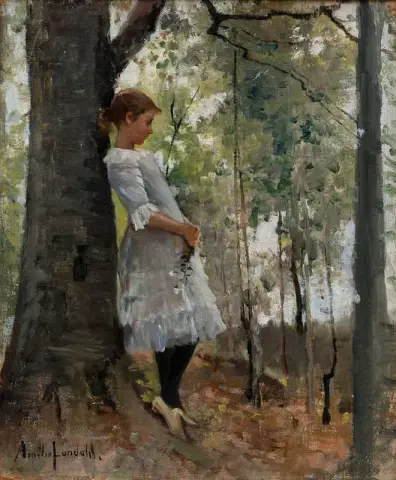 Tyttö vehreässä metsässä 1880-luvun alussa
