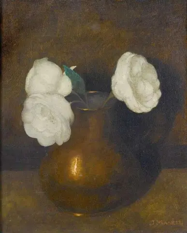 Bodegón de camelias en una olla de cobre