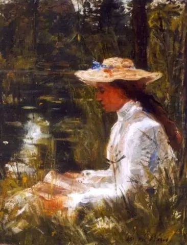 Una Signora Elegante Che Legge Da Uno Stagno