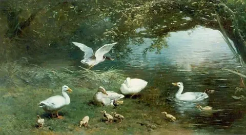 Eendenfamilie Met Kuikentjes Aan De Waterkant 1870