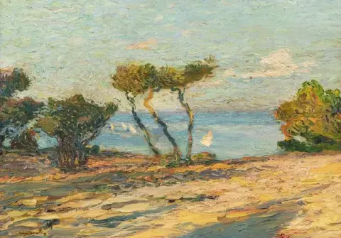 Merenranta mäntyjen kanssa ennen vuotta 1907