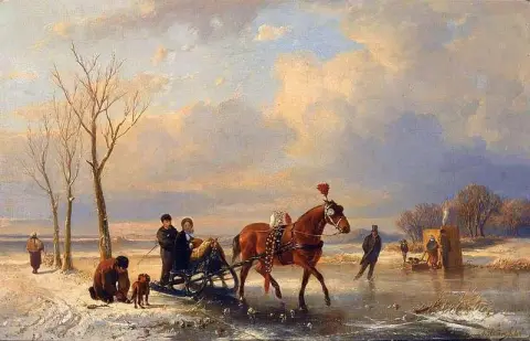 Зимний пейзаж с фигурами на санях Кук-эн-зопи на заднем плане 1863
