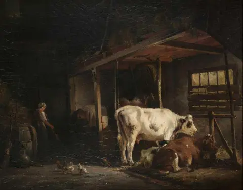 Лошади, крупный рогатый скот и батрак в конюшне, 1858 г.