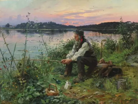 Evening Lake View With An Old Man Fishing 1890