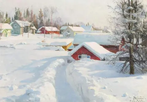 Evening Sun Over The Roofs Of Eina. Norway. Winter With Fresh Snow